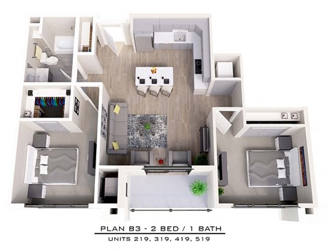 Floor plan for 2 beds, 1 bath, 942 sqft